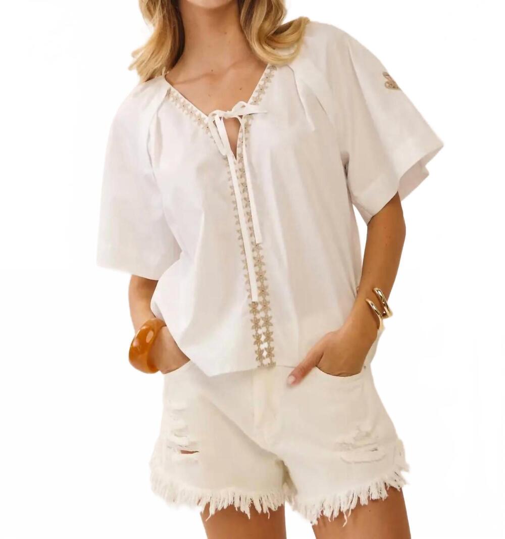NEW ODDI embroidered flutter sleeve tie blouse in white